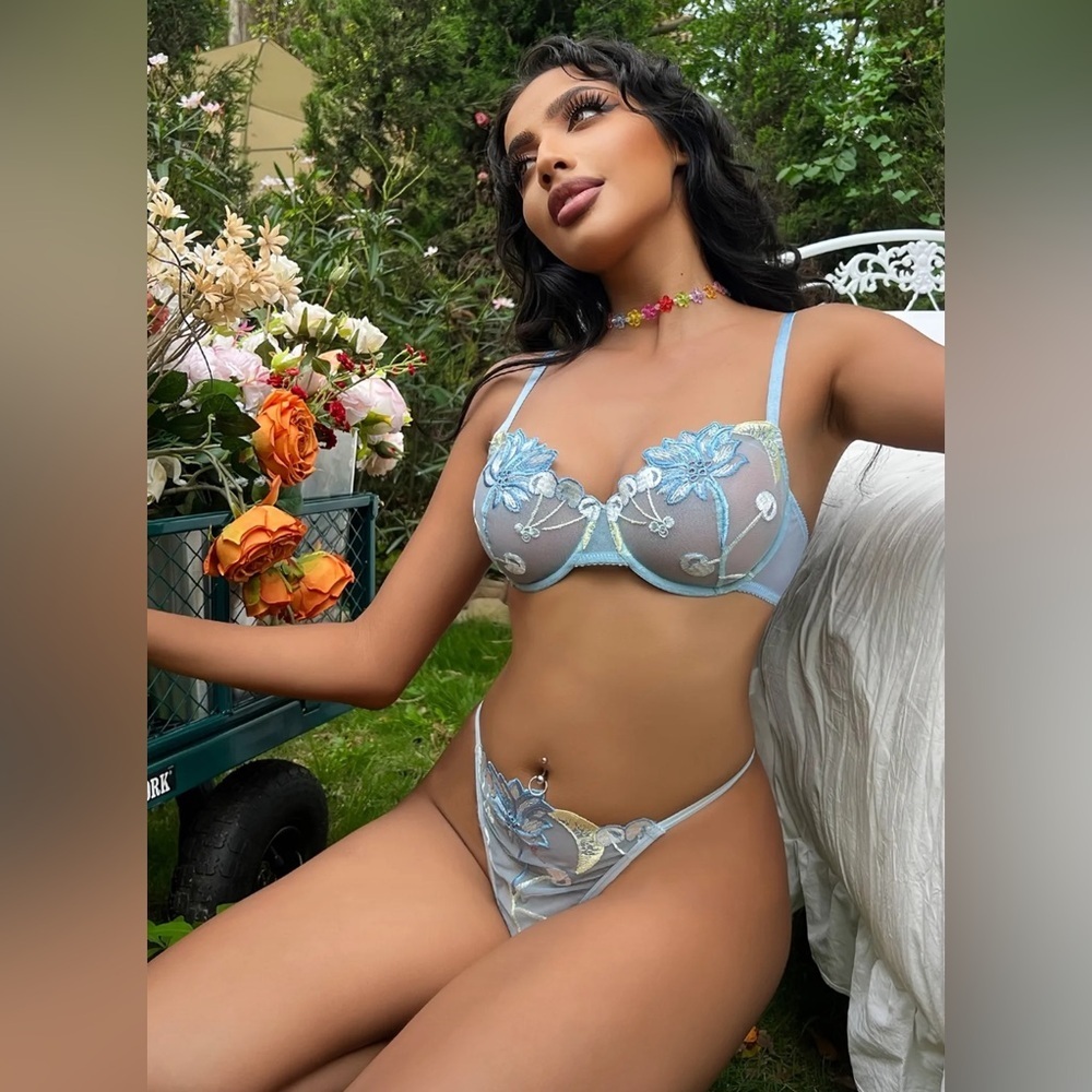 Brand new blue floral print bra and thong set, underwire unlined 34b - Picture 3 of 6